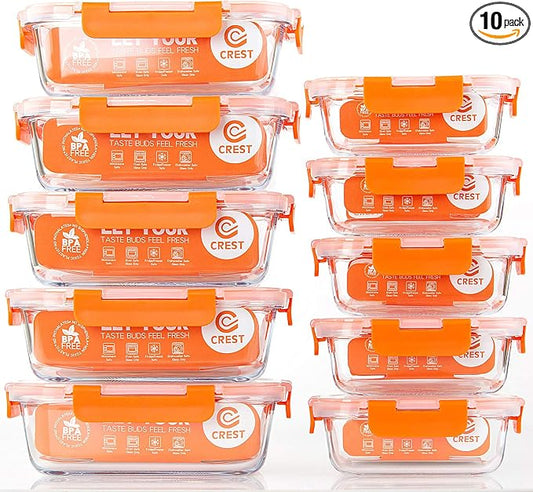 C CREST [10-Pack] Glass Food Storage Containers - Food Prep Containers with Lids - Microwave, Oven, Freezer and Dishwasher Safe
