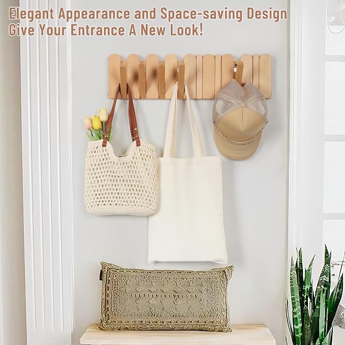 Wall Coat Rack for Entryway: Folding Wood Modern Heavy Duty 8 Hooks | 21.6'' Wall Mounted for Boho Home Decor Bathroom Bedroom Hallway for Hanging Towel Jacket Backpack Bag