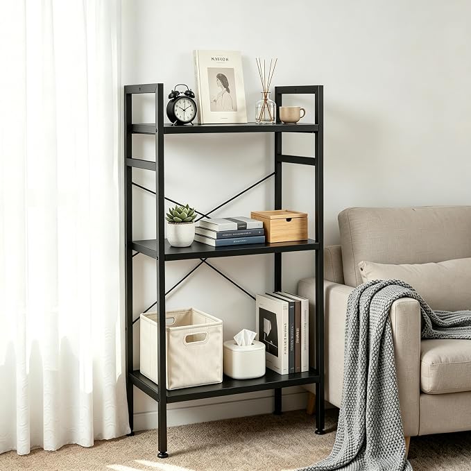 HealSmart 3 Tier Bookshelf, Free Standing Book Shelf Home Office Bookcase Shelf Storage Organizer for Bedroom, Bathroom, Living Room, Office, Balcony, Black