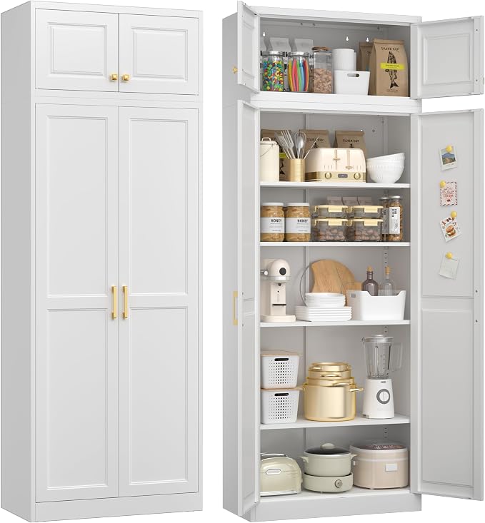 UNICOLY 86.6" Kitchen Pantry Cabinet, Pantry Storage Cabinet with Doors | Tall Storage Cabinet with 4 Shelves，Metal Kitchen Pantry for Kitchens, Living Room, Dinning Room, Assembly Required, White