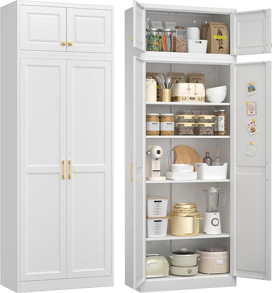 UNICOLY 86.6" Kitchen Pantry Cabinet, Pantry Storage Cabinet with Doors | Tall Storage Cabinet with 4 Shelves，Metal Kitchen Pantry for Kitchens, Living Room, Dinning Room, Assembly Required, White