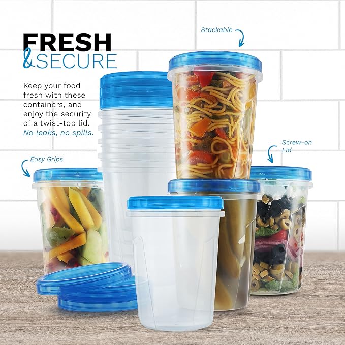 Tafura Freezer Containers, 6 Pack, 32 Oz, Leakproof BPA-Free Lids | Twist-top screw-on closures help prevent spills during storage, transport, and meal prep.