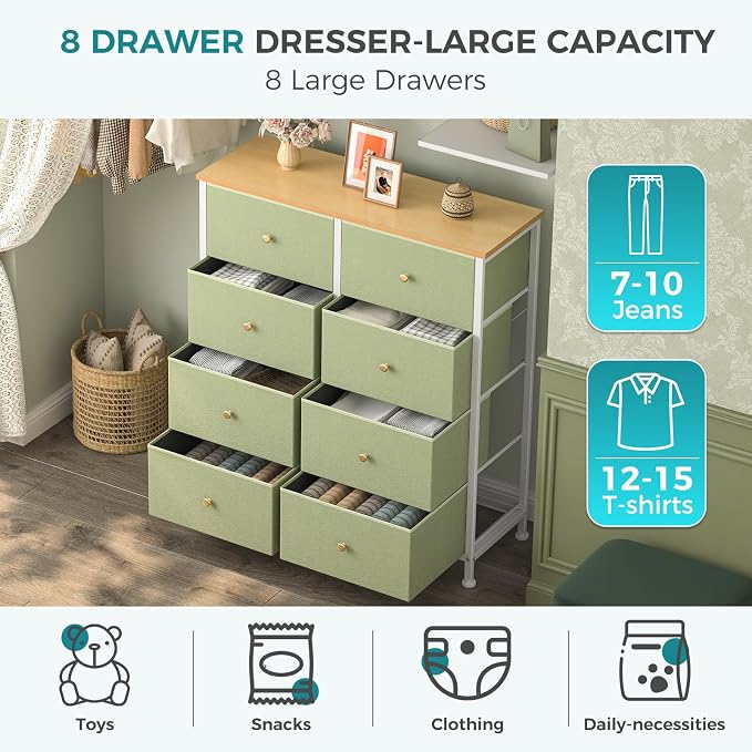 OLIXIS 8 Drawer Storage Dresser for Bedroom, Closet Organizers Units | Fabric Dresser with Wooden Top, Chest of Drawers Clothes Storage, Tower Cabinet, TV Stand Furniture, Light Green