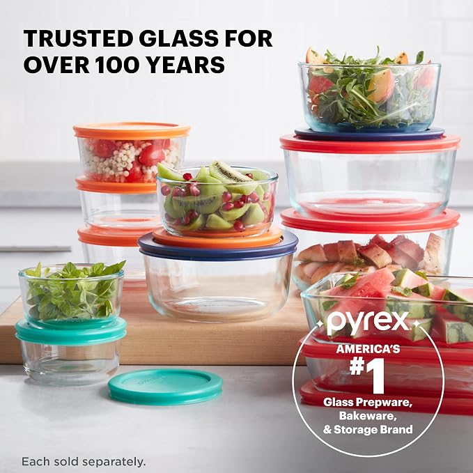 Pyrex Simply Store Glass Food Storage Container, Snug Fit Non-Toxic Plastic BPA-Free Lids, Freezer Dishwasher Microwave Safe, 4 Cup (Pack of 4)