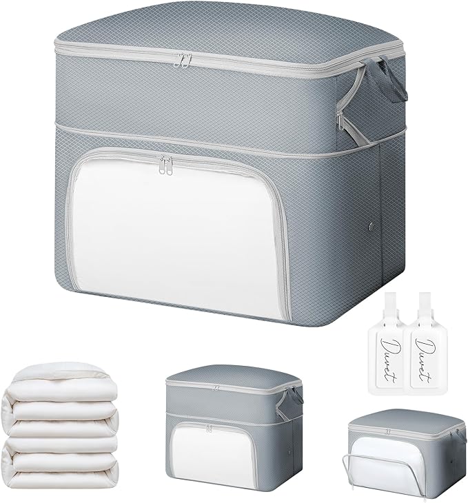 Comforter Storage Bag - Large Capacity Blanket Storage Bags Front-opening Ultra Space Saving Self Compression Organizer, Washable Compression Bags for Storage Comforter Blanket, 1 Pack, Grey