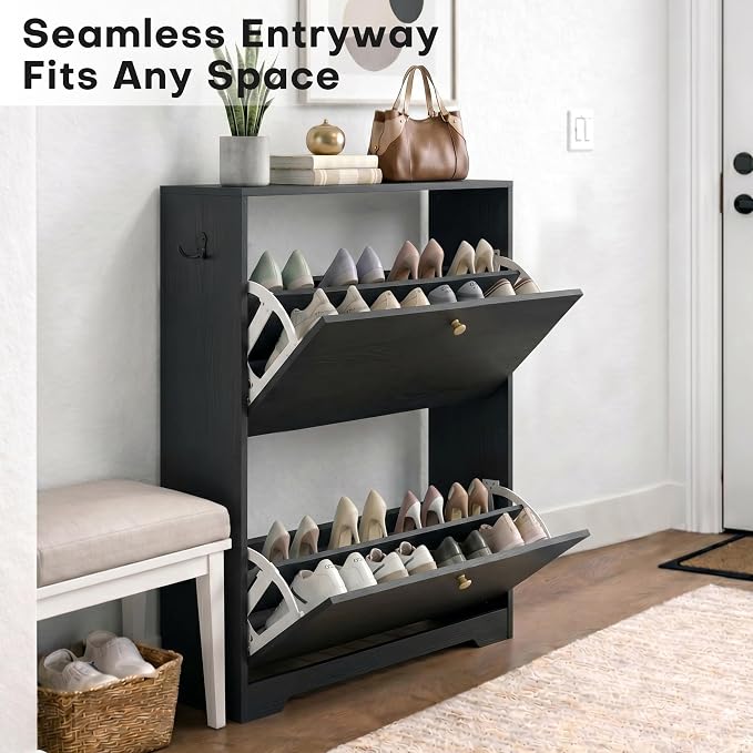 Nicetree Shoe Cabinet with 2 Flip Drawers, Entryway Shoes Organizer, Black | Narrow Shoe Organizer, Freestanding Shoe Rack Cabinet, Modern Shoe Storage Cabinet for Entryway, Hallway, Foyer, With Hook