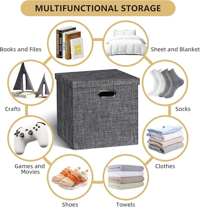 Posprica Storage Bins with Lids,13×13×13 Foldable Storage Cube Baskets Boxes Fabric Drawers for Closet Shelf Cabinet Bookcase,Set of 4,Black
