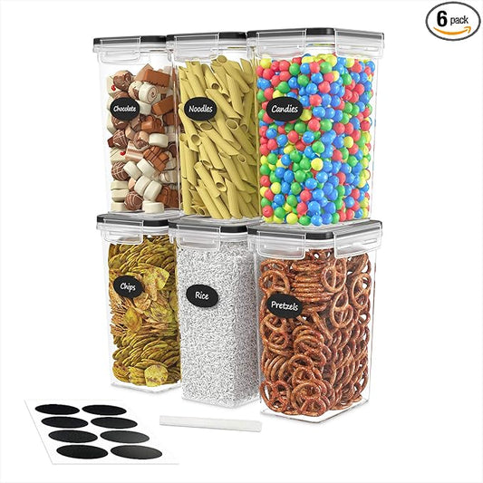 DWËLLZA KITCHEN Airtight Food Storage Containers Set of 6 Pieces 2L - Plastic BPA Free Kitchen Pantry Storage Containers - Dishwasher Safe - Include 8 Labels and Marker