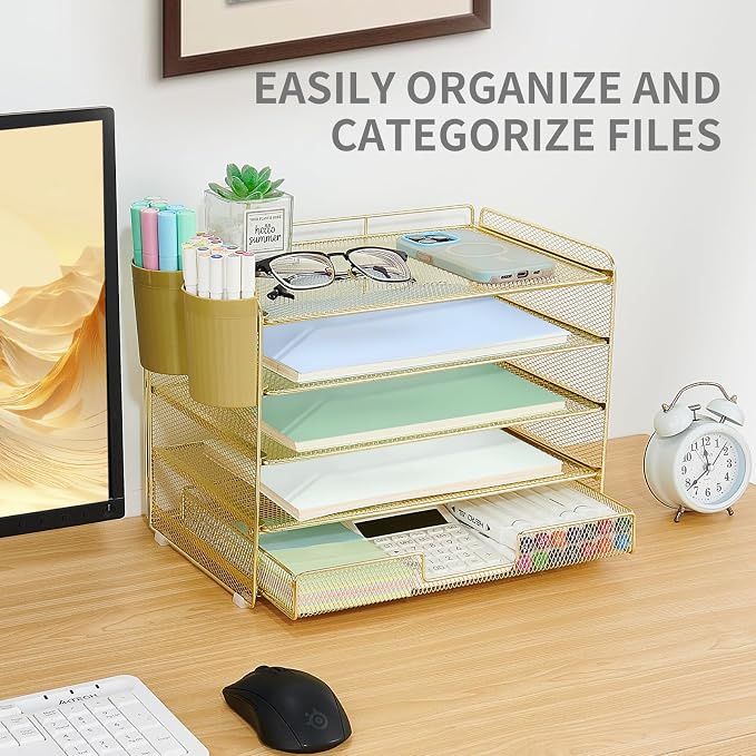 LEKETREE Desk Organizers and Accessories, 5-Tier Paper Letter Tray Organizer with Drawer & 2 Pen Holders, Desktop Organizer for Office Supplies (Gold)
