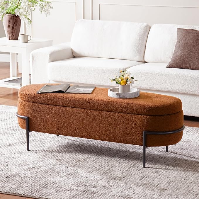 FiveWillowise 52 Inch Sherpa Storage Ottoman Bench,End of Bed Bench | Upholstered Boucle Storage Bench with Storage,Metal Stand and Hinges,Oval Ottomans for Living Room,Bedroom,Brown