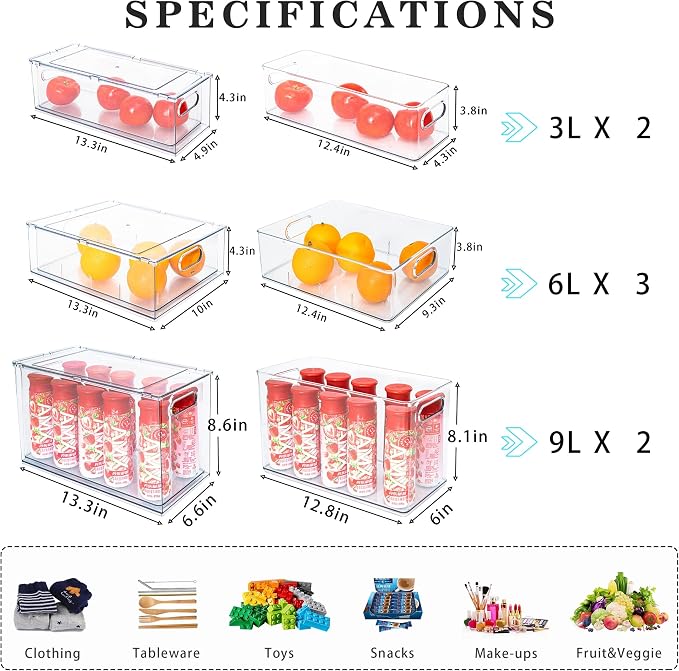 Mano Stackable Fridge Drawers Pull Out Bins with Handle Clear Refrigerator Drawers Organizer Food Storage Container Box with Dividers Plastic Produce Saver for Pantry, Cabinet, Kitchen, Clothes（7Pack）