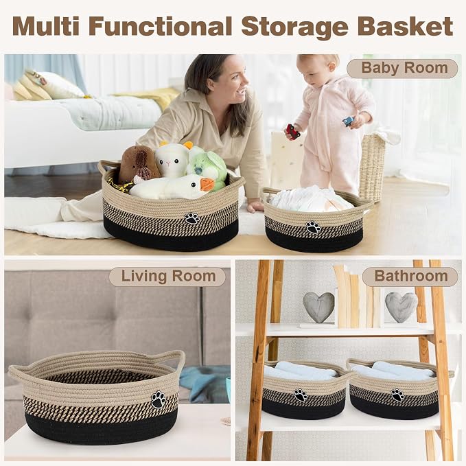 Optish Dog Toy Basket, Toy Box and Bin for Dog Cat Storage, 13.5" X 11" X 5" Small Woven Rope Basket for Baby Storage, Closet, Living Room, Brown & Black