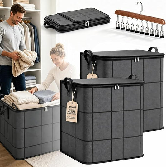 Upgrade Spacious Moving Storage Bin - Large Capacity Zippered Fabric Organizer for Bedding & Clothes, Foldable Blanket Bag with Reinforced Handles for Quilts, Comforters & Moving Day，2Pcs：M