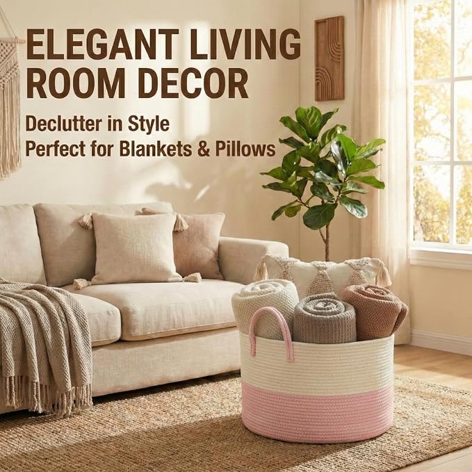 JMvicyroam 65L Extra Large Machine Washable Cotton Rope Blanket Basket | Collapsible laundry hamper, Reinforced handles, For blankets, pillows, toys and clothes, Living room and bedroom, White&Pink