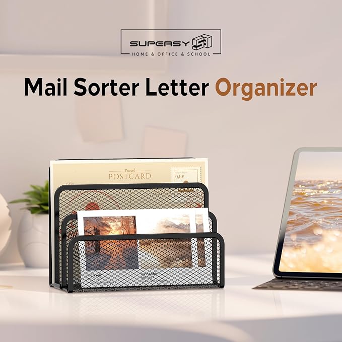 Mail Organizer Countertop for Desk, Mail File Holder with 3-Slot, Black | Metal Mesh Mail Sorter for Letters, Envelopes, Bills, and Files for Home Offices, Classroom Organization