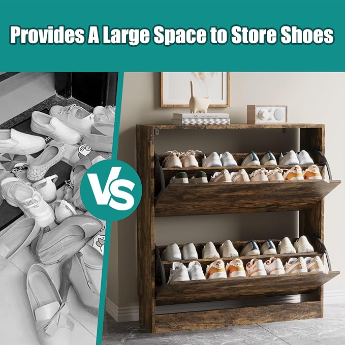 Xixini Shoe Storage Cabinet for Entryway with 2 Flip Drawers, Sturdy Wood Hidden Shoe Storage, Freestanding Narrow Slim Shoe Organizer for Front Door Entrance, Living Room, Hallway, Bedroom, Brown