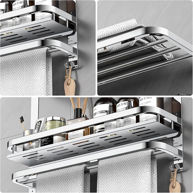 CAXIMSY Towel Rack with Shelf, 22.63" Bathroom Shelf with Double Towel Bars Stainless Steel, Wall Mounted, Foldable Top, 2 Hooks, Adhesive/Screw Install, Space-Saving for Small Bathrooms & Apartments