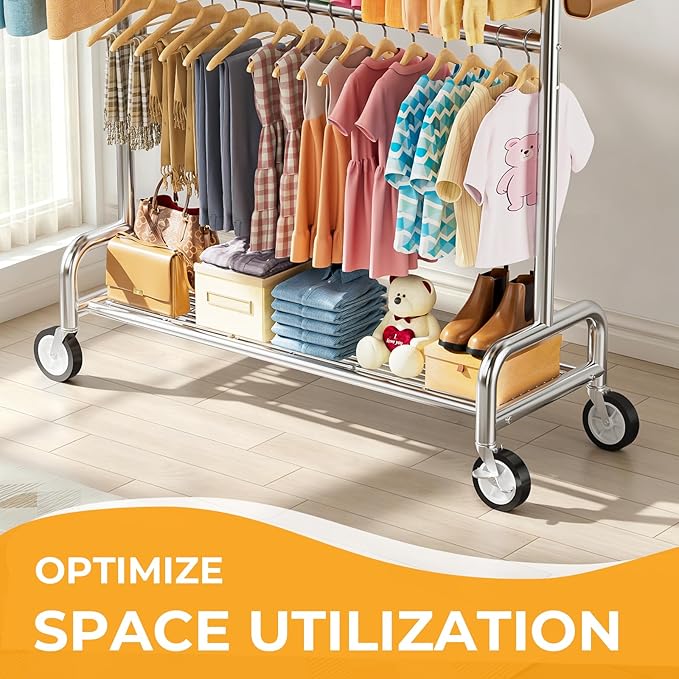 Heavy Duty Clothes Rack Load 860LBS, Double Rods Rolling Clothing Racks for Hanging Clothes, Rolling Garment Rack With Sturdy Wheels Shelves, Portable & Adjustable Commercial Garment Rack, Silver