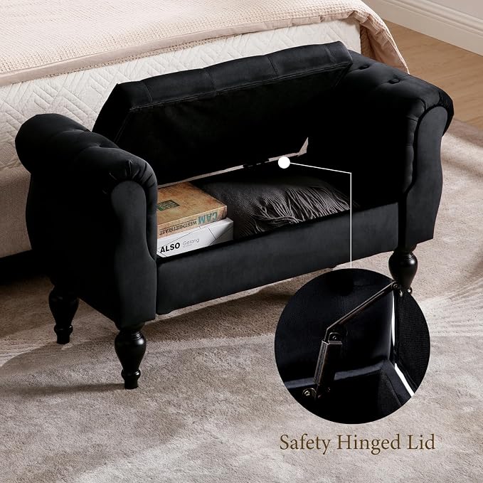 Storage Bench with Arms End of Bed Bench,Velvet Entryway Bench with Storage, Button Tufted Upholstered Ottoman Bench Wood Legs, Window Sitting Bench for Bedroom/Living Room/Hallway, Black