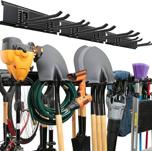 TIDYME Garage Tool Organizer Wall Mount - 48 inches - Sturdy Storage Rack with Adjustable Hooks, Anti-Rust - Easy Installation, 300lbs Capacity - Garden Tool Organizer (03 Racks & 06 Hooks) | 300 lbs, anti-rust carbon steel, garden tool organizer & sto...