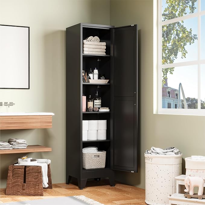 COFaR 67" Metal Pantry Cabinet, Black Storage Cabinet with Magnetic Door & 4 Adjustable Shelves, Slim Freestanding Cupboard for Office, Kitchen, Bathroom
