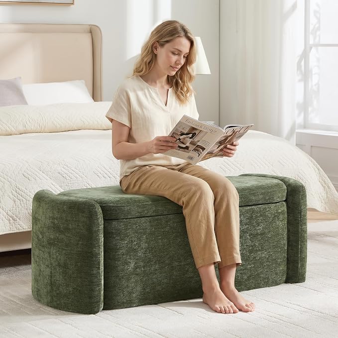 Oval Storage Ottoman Bench, 45" Upholstered Chenille End of Bed Storage Bench, Foot Rest Ottoman with Storage, Bedroom Living Room and Hallway,Green