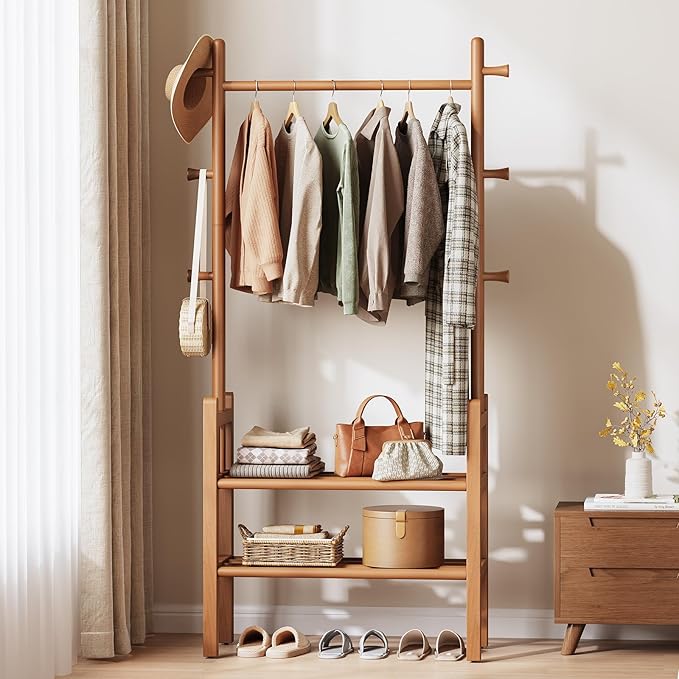 Yoobure Solid Wood Clothing Rack with Shelves - Coat Rack Freestanding with 6 Hooks, 3-in-1 Hall Tree for Hanging Clothes, Tall Garment Racks with Storage for Bedroom, Entryway, Living Room, Closet