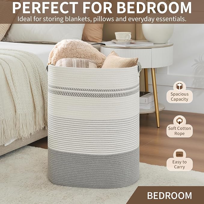 AINUOQI Laundry Basket with Handles - Blanket Basket & Hampers for Bedroom Aesthetic, Laundry Hamper & Blanket Storage for Living Room, Clothes Hamper, Tall, Large 17" x 14" x 22”, Grey