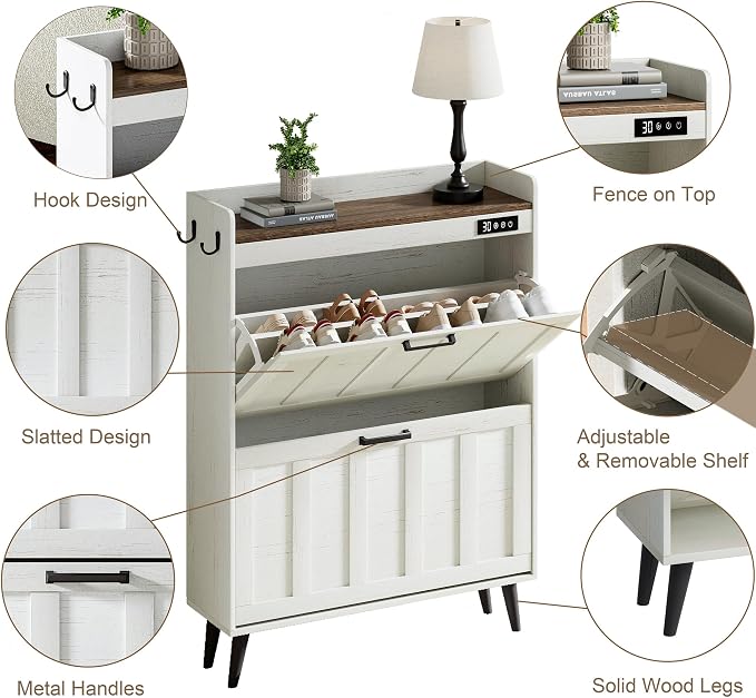 ChooChoo Shoe Storage Cabinet with 2 Flip Drawers for Entryway | Shoe Organizer Storage with Deodorizer, Freestanding Hidden Slim Narrow Shoe Rack Cabinet, Antique White & Brown
