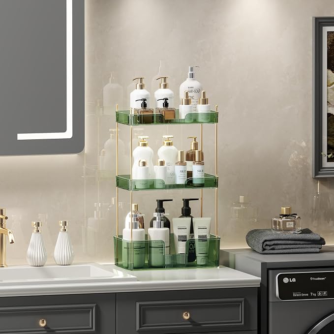 Akinbas 3 Tier Bathroom Organizer Countertop Makeup Perfume Tray Skincare Organizer for Bathroom Dresser Vanity (Green)