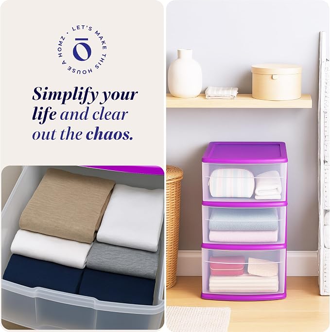 HOMZ Drawer Tower, 3-Tier Clear Plastic Storage Organizer Cart, Purple Frame - Rolling Drawer Containers with Wheels for Bathroom, Bedroom, Office, and Classroom Organization