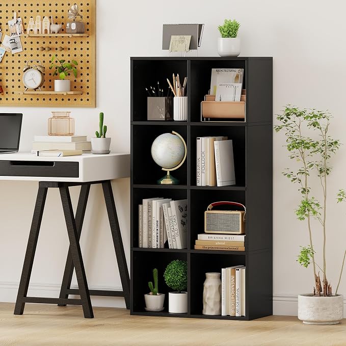 Giantex 8-Cube Bookcase, 3-Tier Cubby Bookshelf, Horizontal Vertical Display Rack with Anti-Tipping Kits, Modern Storage Organizer Shelf Unit for Bedroom, Living Room, Study (Black, 8-Cube)