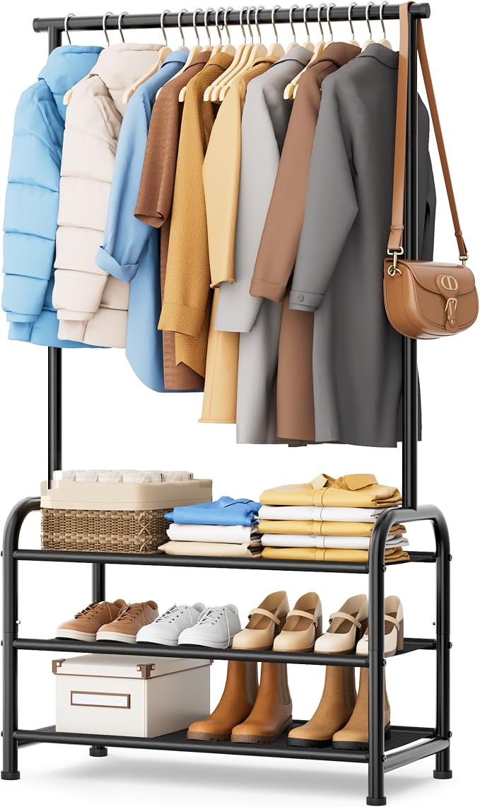 MISSLO Sturdy Clothing Racks for Hanging Clothes with 3 Shelves Garment Rack Heavy Duty Clothes Rack with Shoe Storage for Coats, Garment, Dress, Black