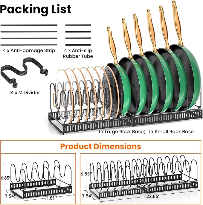 MUDEELA Expandable Pot Pan Lid Organizers inside Cabinet, 14 Divider-Black | Expandable 11.8–22.9", 14 Adjustable Divider, Tool-Free Assembly, Non-Slip, Scratch-Proof, For Pan Lid Cutting Board Bakeware