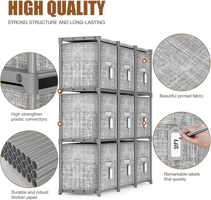 9 Cube Closet Organizer + 9 Bins + Labels | Adjustable Modular Storage Shelf, Beautiful Printed Cubby Organizer, Large Capacity, Living Room, Dorm, Yarn