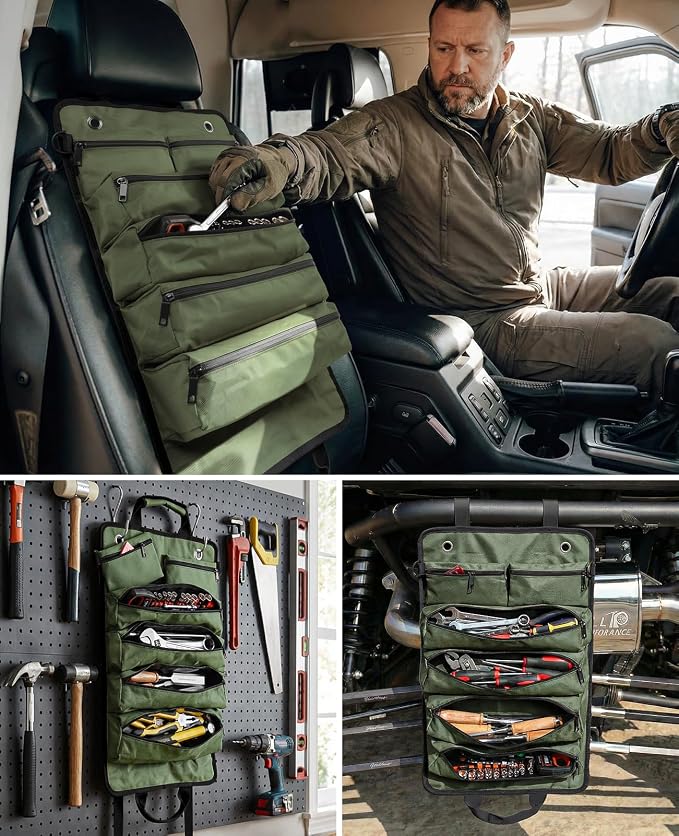 Tool Roll Up Bag, 1680D Heavy Duty Tool Bag Organizer with 2 Detachable Tool Pouches & Multiple Pockets, Waterproof Motorcycle Tool Roll for Mechanic & Electrician, Gift for Men Him Dad, 21.9"*13.8"