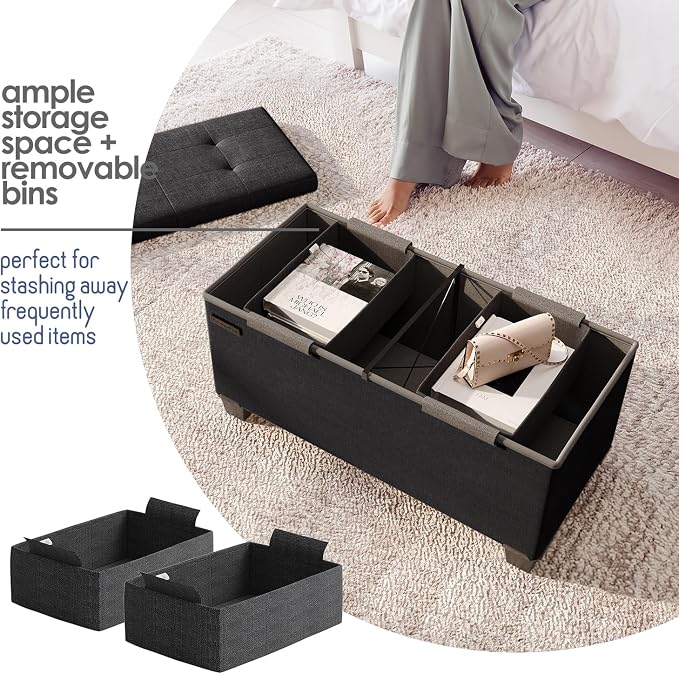 Storage Ottoman Bench with Bins, 30-in Storage Bench for Bedroom End of Bed, Folding Foot Rest Ottoman for Living Room Max 660lbs, Fabric Ottomans, Black