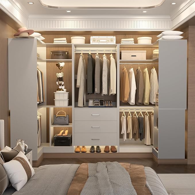 Aheaplus Closet System with 3 Drawers, 5 Hanging Rods & Corner Tower, Corner Closet System with Hanging, 88.8" U-Shaped Walk-In Wardrobe Organizer, 2000+ lbs Capacity, Set of 3,Grey