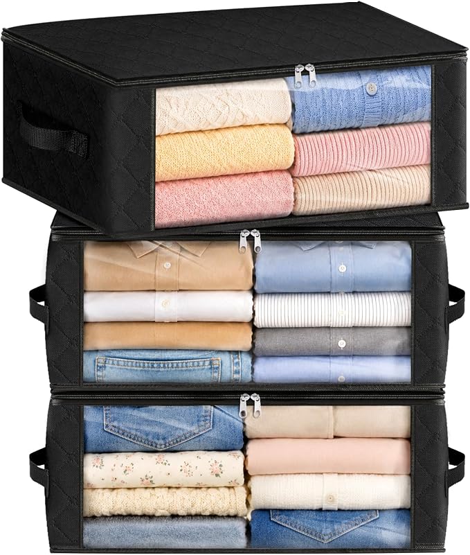 Fab totes 35L Closet Organizers and Storage, Foldable Under Bed Storage Containers, Storage bags for Organizing Bedroom, Closet, Clothing,Organization with Handle (3 Pack,Black)