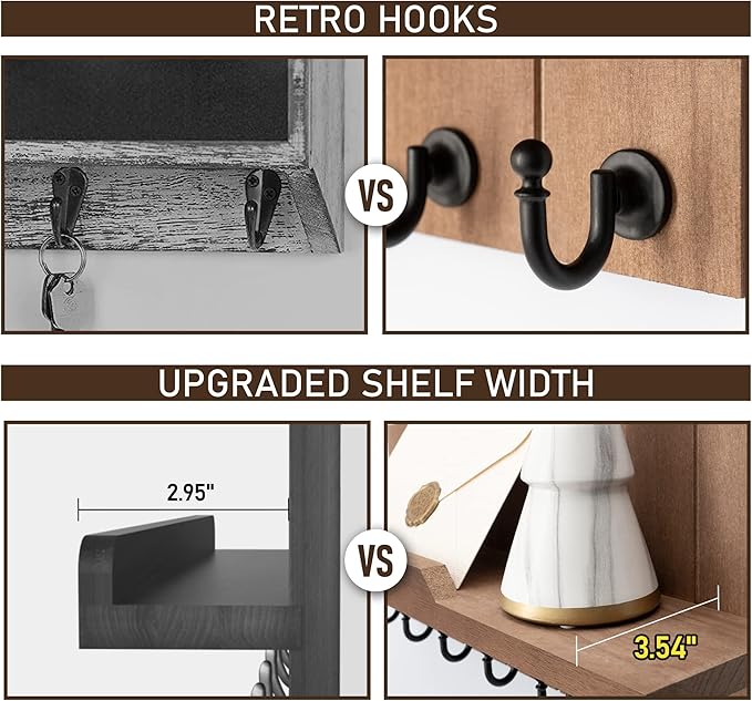 Rebee Vision Key Holder Wall Mount with Shelf for Entryway, Retro Brown | Key Holder for Wall, 7 Key Hooks, Floating Shelf, Key and Mail Holder for Wall, Home Storage, Sturdy Everyday Organization