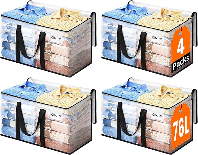 Moving Bags, Extra Large Heavy Duty Storage Bags, 76L, 4 Packs | Packing Bags with Strong Zippers & Handles, Top Opening Foldable Storage Tote for Home Organization and College Dorm Move-In