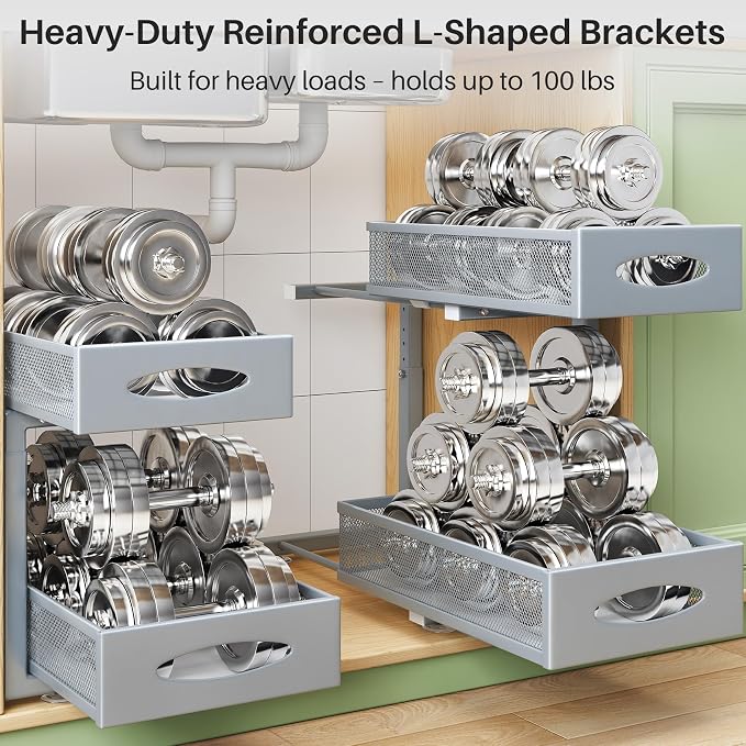 2 Pack Under Sink Organizer, 2 Tier Pull out Cabinet Organizer Mesh Baskets with 5 Adjustable Heights, Sliding Drawers Storage Shelf for Home, Kitchen, Bathroom, Pantry, Office, Countertop ,Grey