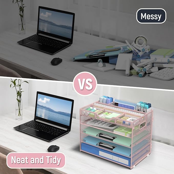 Docnest 5 Tier Mesh Desk Organizer with Removable Tray&Pen Holder, Pink | Features 3 detachable pen holders and 4 removable dividers.Versatile mesh desktop storage for mail, document,office supplie