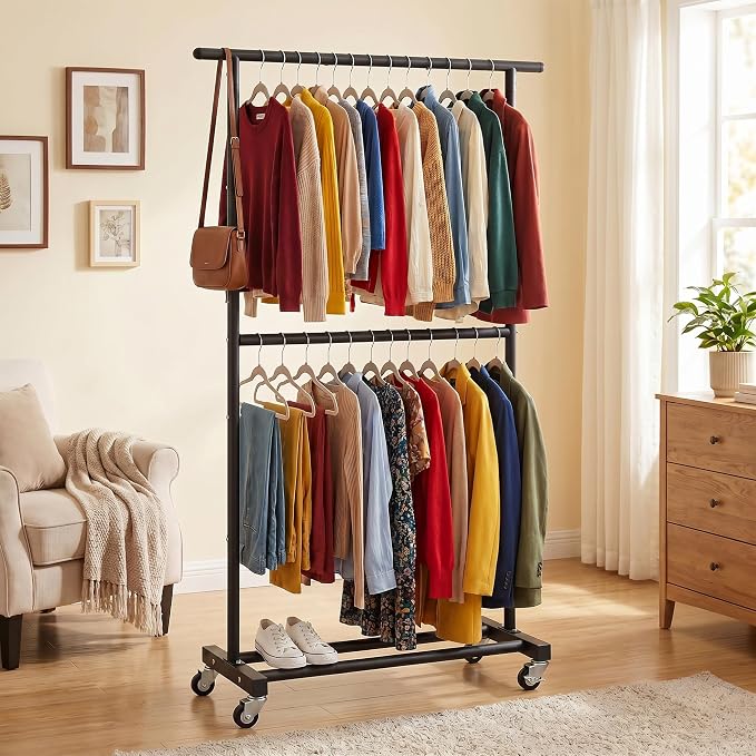Sywhitta Double Rod Metal Clothing Garment Rack on Wheels, Black | Rolling Clothes Organizer, for Hanging Clothes,Coats,Easy to Assemble,Space-Saving,Mobile Organizer for Closet