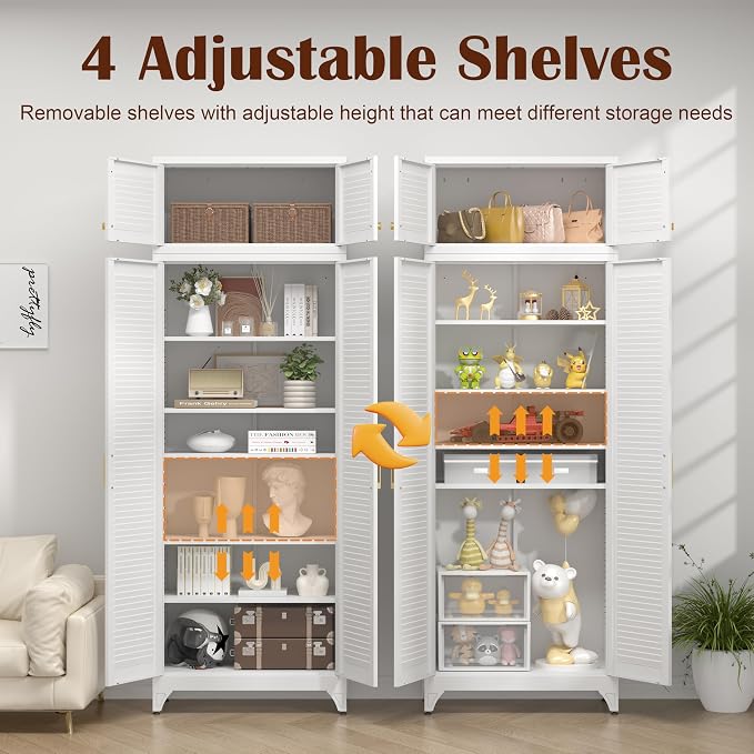 SteeLoong 90" Metal Storage Cabinet with Doors and 5 Adjustable Shelves | Kitchen Pantry Cabinet,White Tall Freestanding Cupboard with Gold Handle,Steel Garage Cabinets for Tool,Office,Kitchen,School