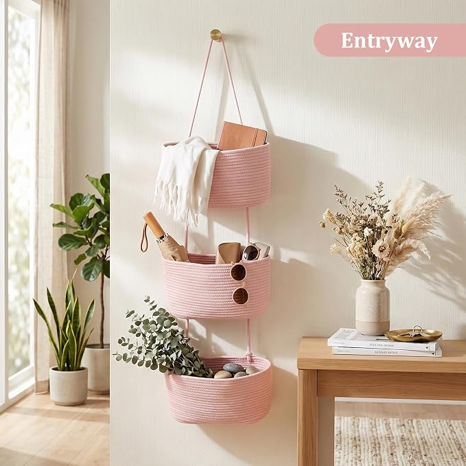 TeoKJ Over the Door Hanging Basket, 3-Tier Woven Cotton Wall-Mounted Storage Organizer Bag Decorative Hanging Nursery Baskets, Pink