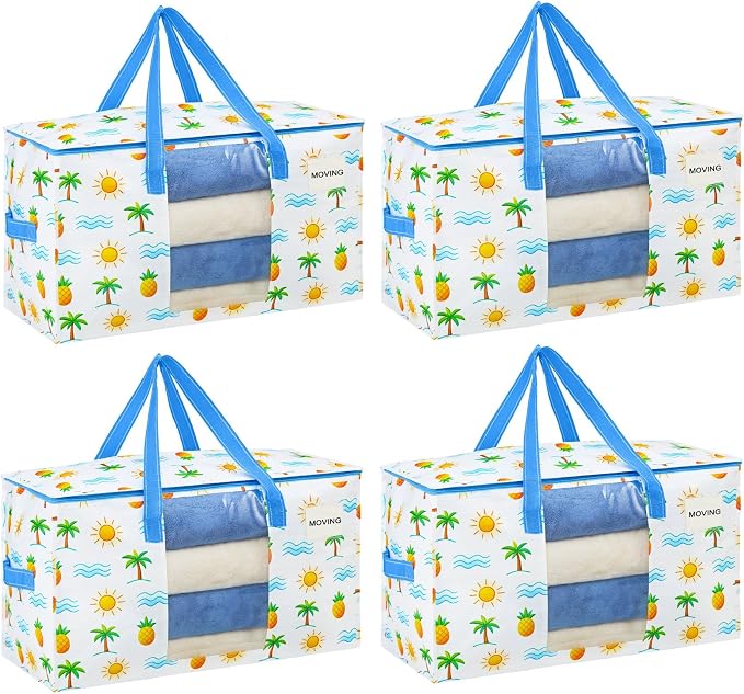 VENO Moving Bags, Wide Open Top, Clear Window, Tropical Island, 4 Pack | Moving boxes Alternative, Heavy Duty, Storage Bags, Clothes and Comforter Storage, Packing Supplies, College Dorm Essentials