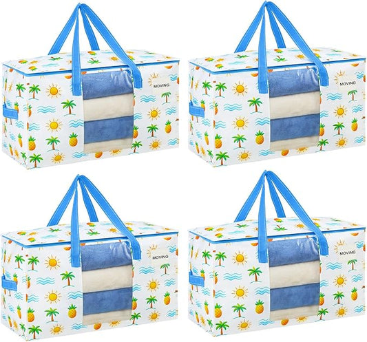 VENO Moving Bags, Wide Open Top, Clear Window, Tropical Island, 4 Pack | Moving boxes Alternative, Heavy Duty, Storage Bags, Clothes and Comforter Storage, Packing Supplies, College Dorm Essentials