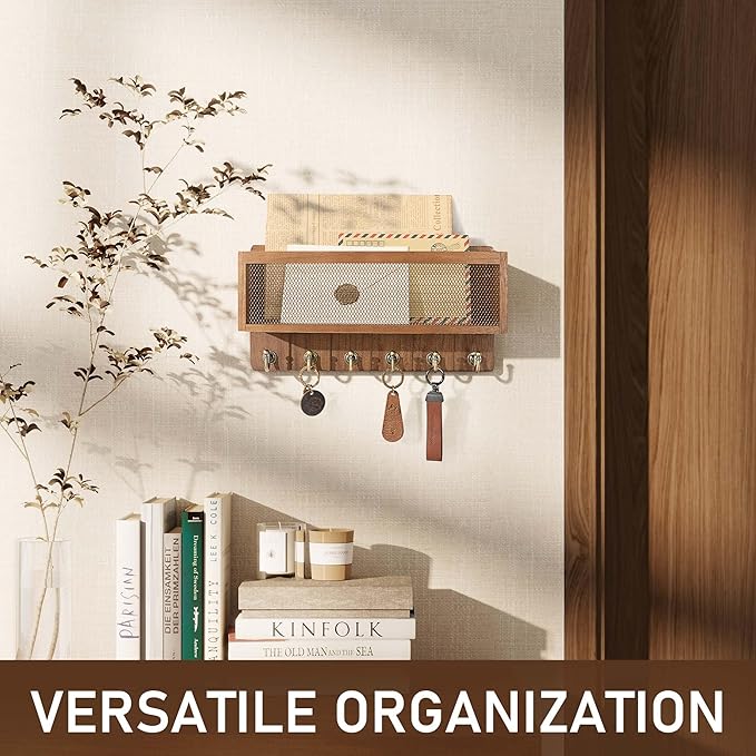 Rebee Vision Key Holder Wall Mount with Mesh Basket for Home, Golden Hook | Key Holder for Wall, 6 Sturdy Hooks, Mail Organizer, Kitchen Organization, Space-Saving Wooden Design, Functional Home Decor