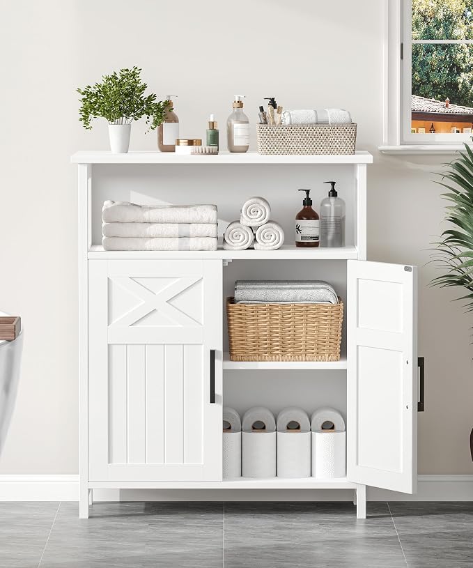 Akxomel Farmhouse Bathroom Storage Cabinet, 11.8" D x 23.6" W Bathroom Floor Cabinet, Small Toilet Paper Cabinet with 2 Doors, Linen Cabinet with Adjustable Shelf for Kitchen, Living Room, White